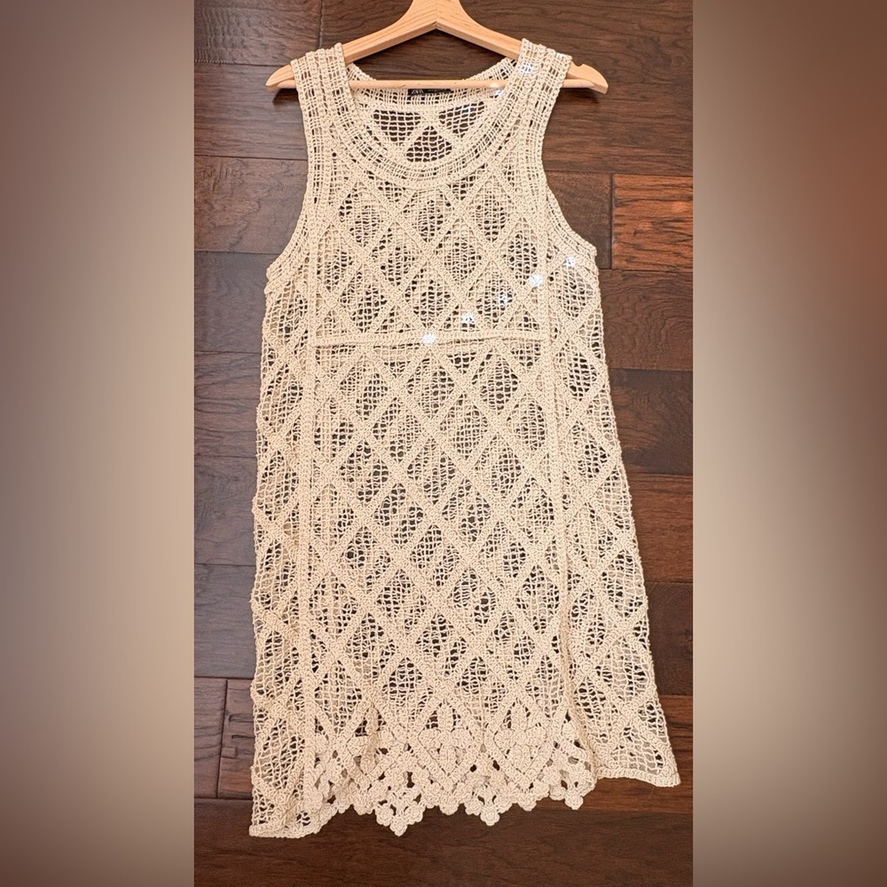 Zara Open-Knit Sleeveless Crochet Top in Beige